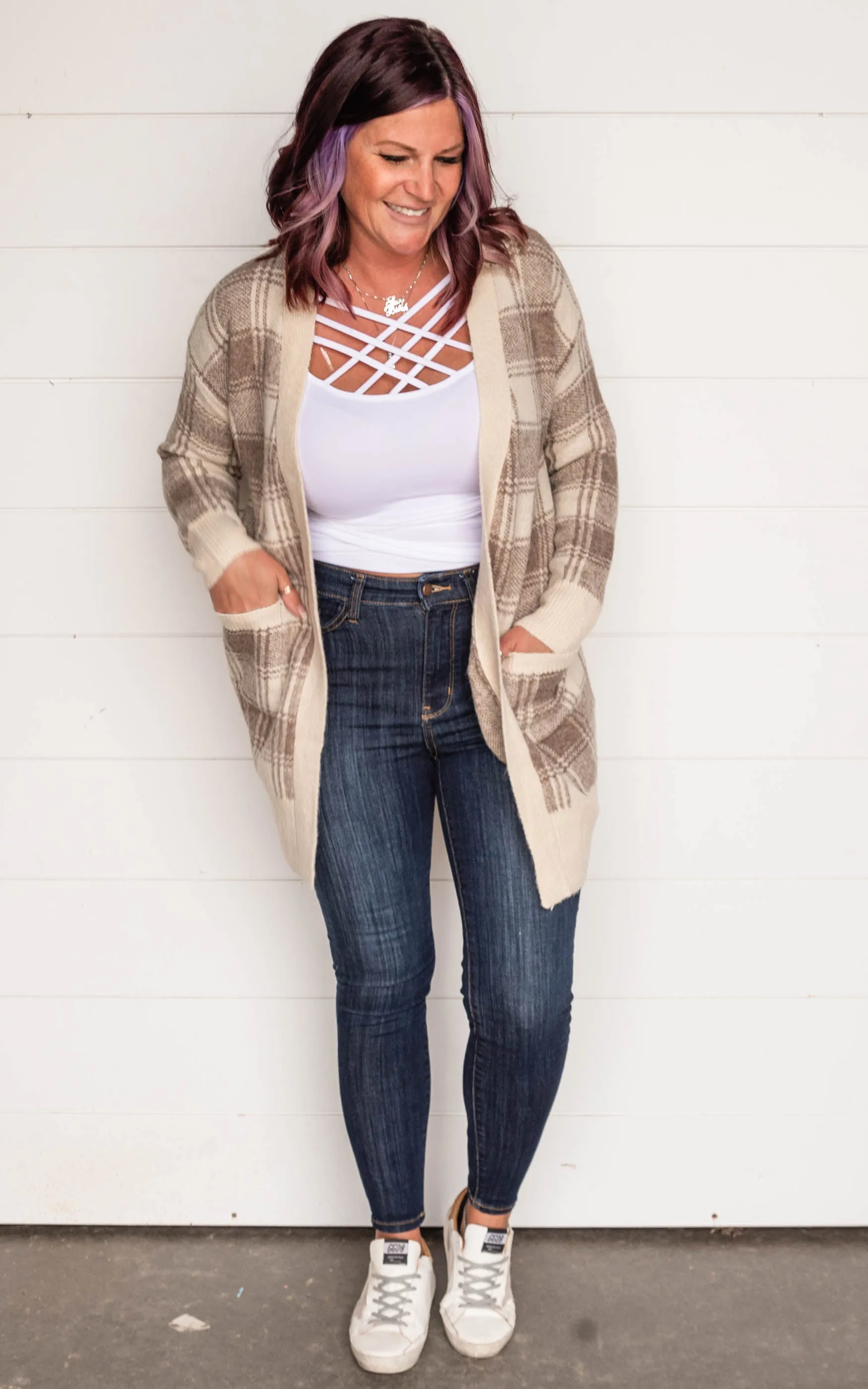 Beige Long Plaid Cardigan - Final Sale
