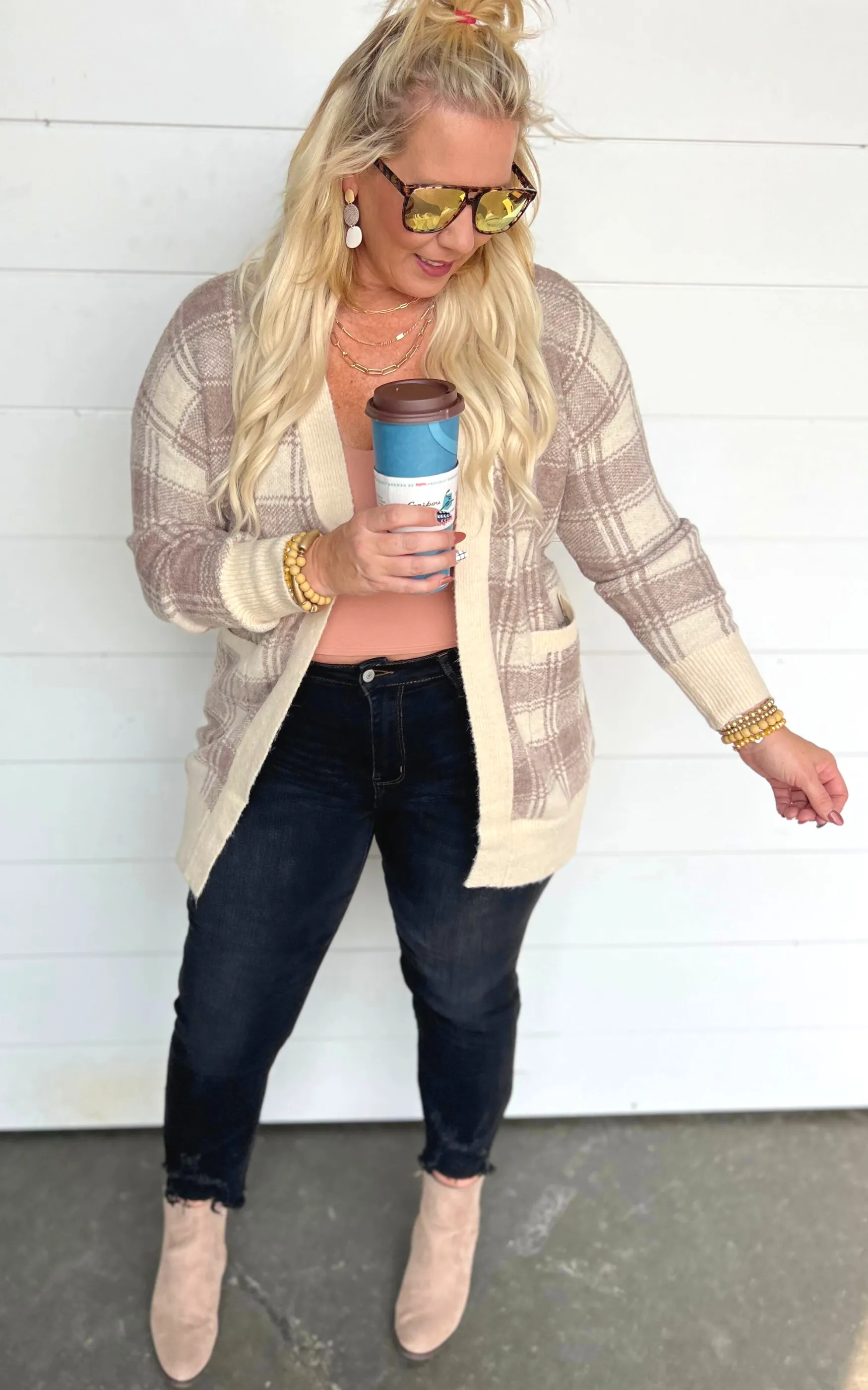 Beige Long Plaid Cardigan - Final Sale