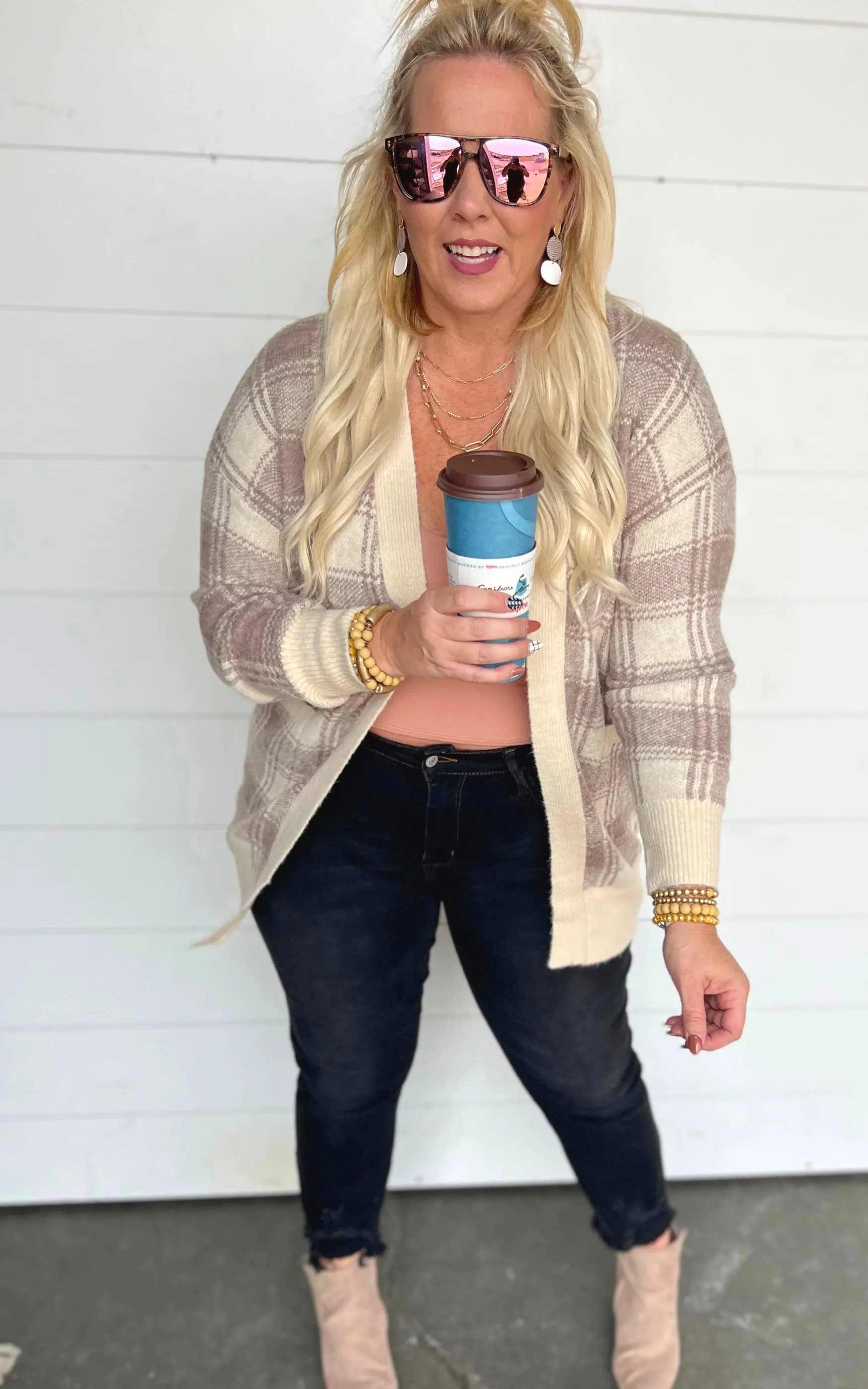 Beige Long Plaid Cardigan - Final Sale