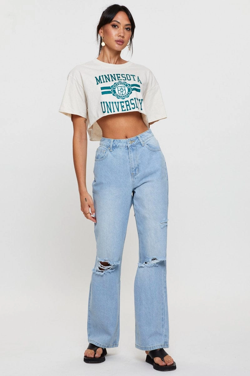 Beige Graphic Crop Top Short Sleeve