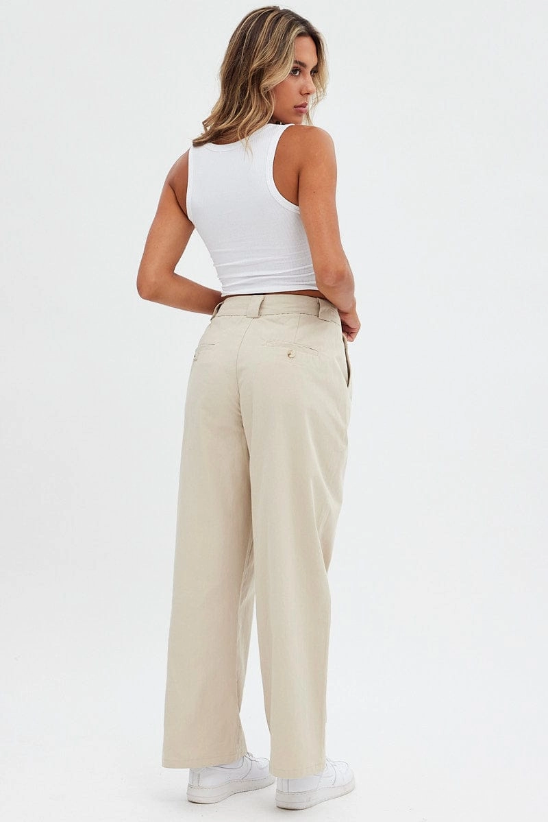 Beige Pant Straight Leg Turned Down Waist
