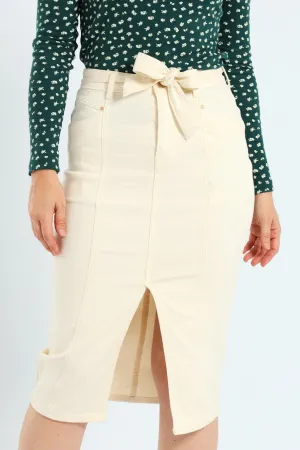 Belted Slit Front Midi Skirt - Ecru