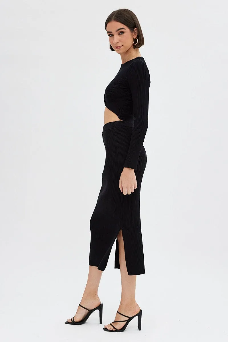 Black Knit Skirt High Rise Ribbed Midi