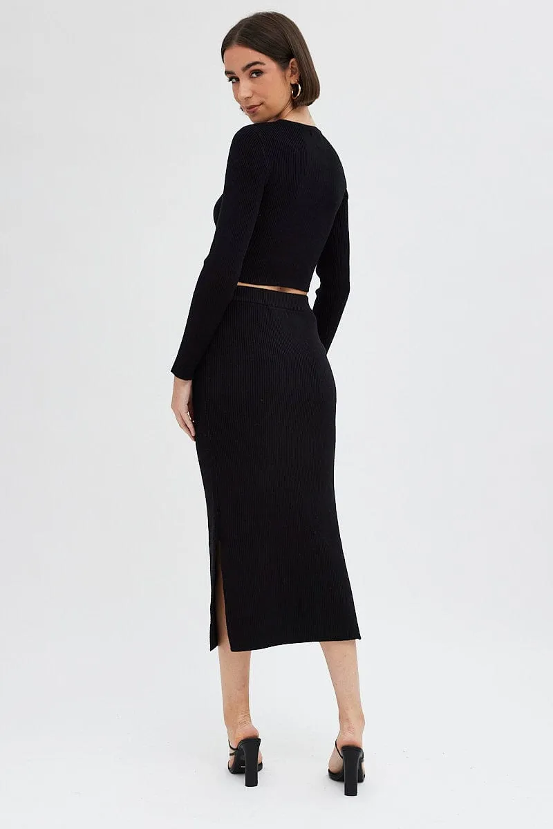 Black Knit Skirt High Rise Ribbed Midi
