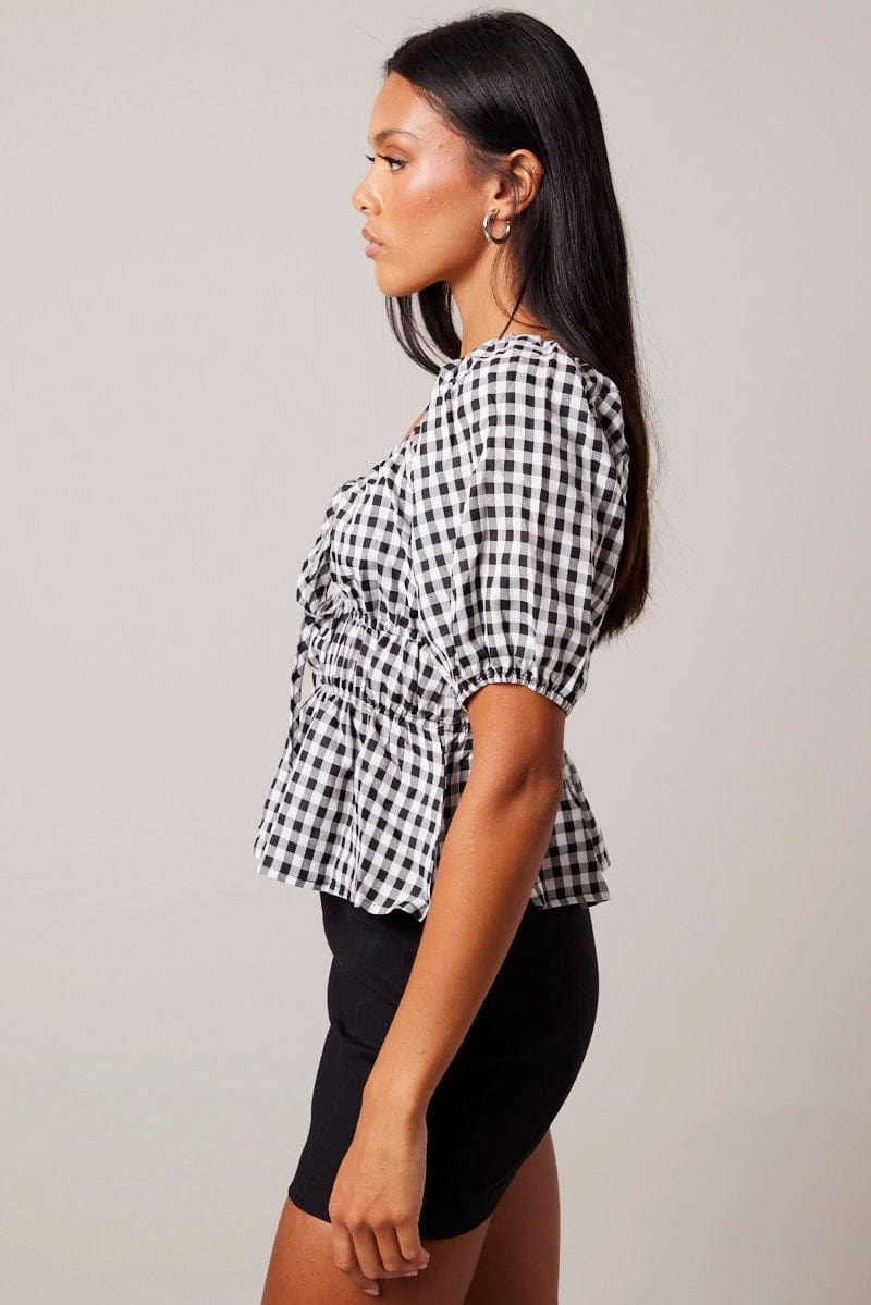 Black Check Ruched Peplum Top Short Sleeve