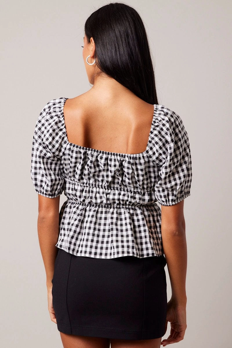 Black Check Ruched Peplum Top Short Sleeve