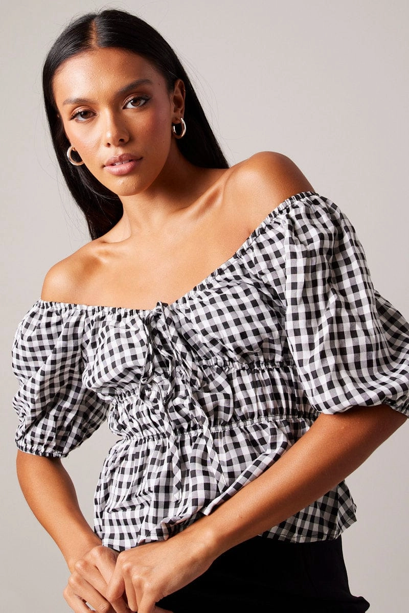 Black Check Ruched Peplum Top Short Sleeve