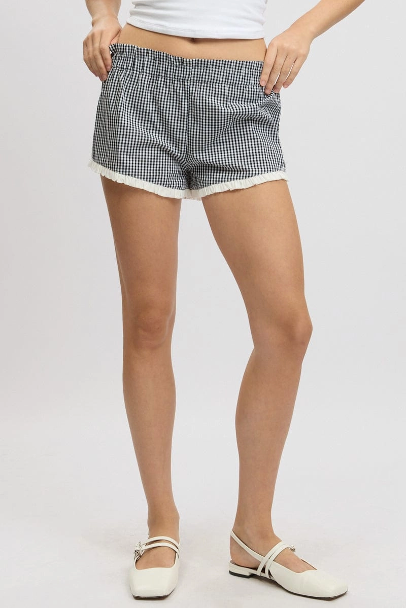 Black Check Shorts Mini Frilled Hem