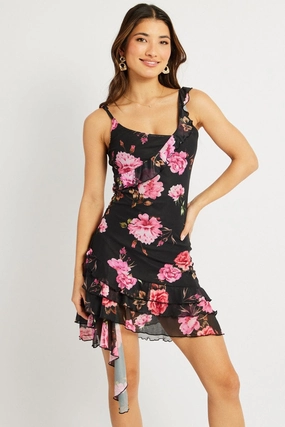 Black Floral Bodycon Dress Ruffle Hem Mini Mesh