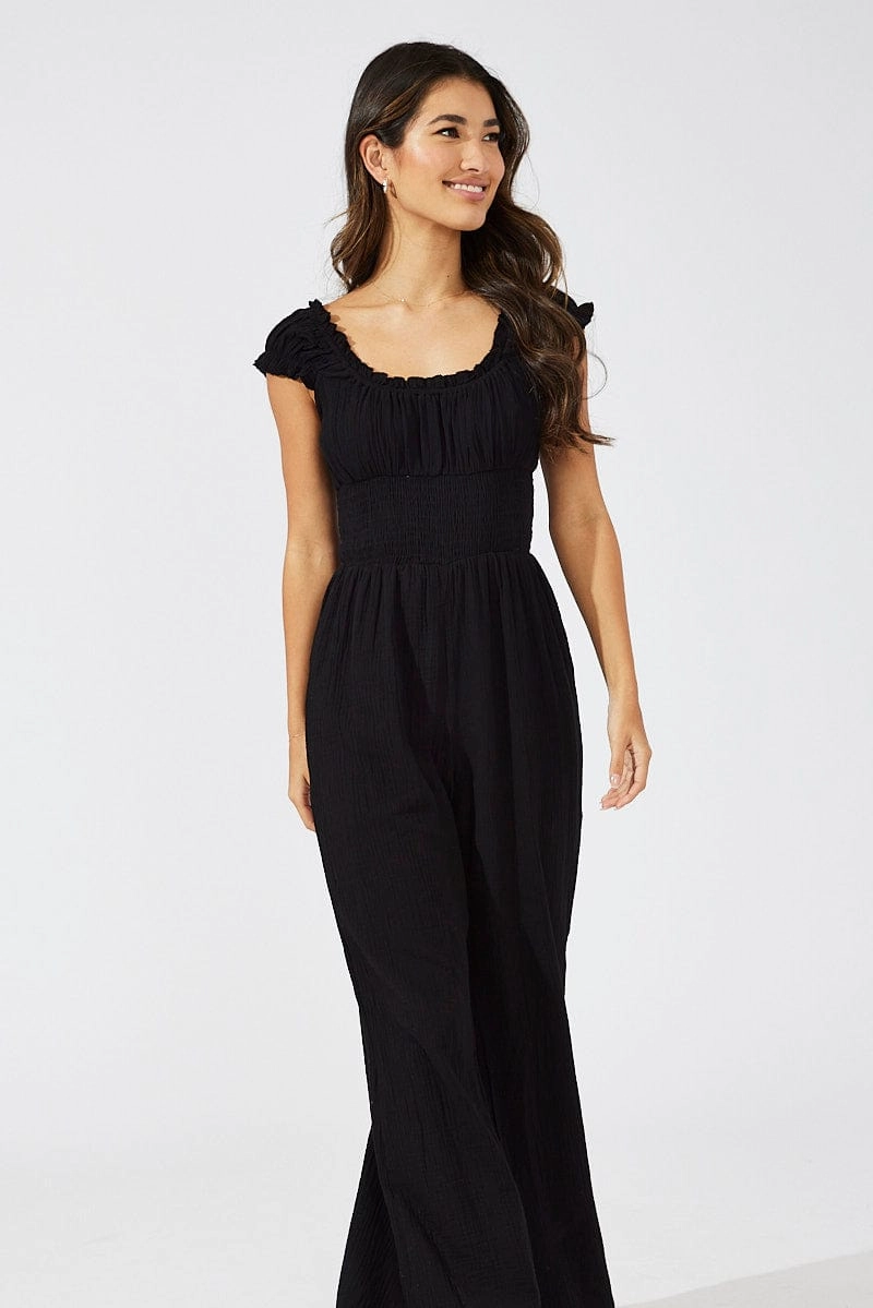 Black Jumpsuit Short Sleeve Off Shoulder Shirred Cotton