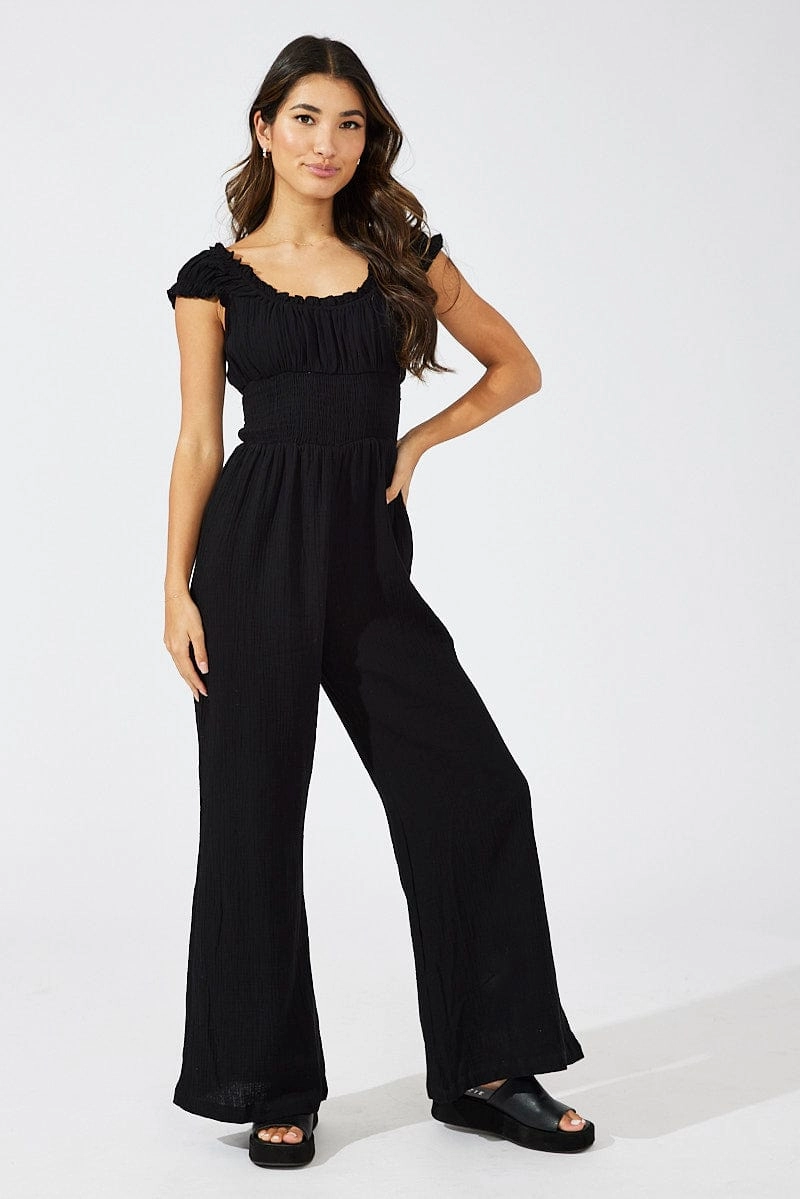 Black Jumpsuit Short Sleeve Off Shoulder Shirred Cotton