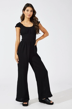 Black Jumpsuit Short Sleeve Off Shoulder Shirred Cotton