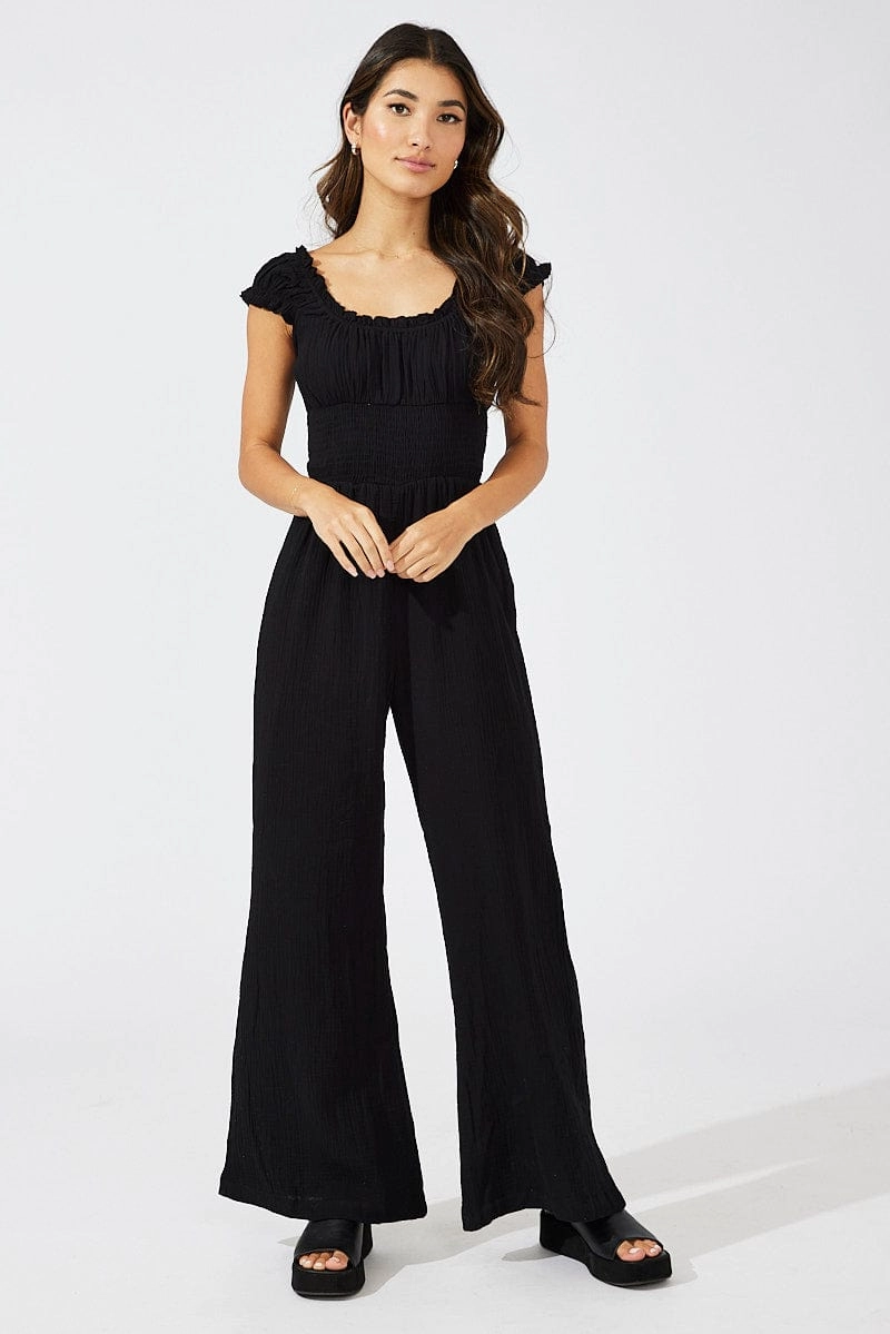 Black Jumpsuit Short Sleeve Off Shoulder Shirred Cotton