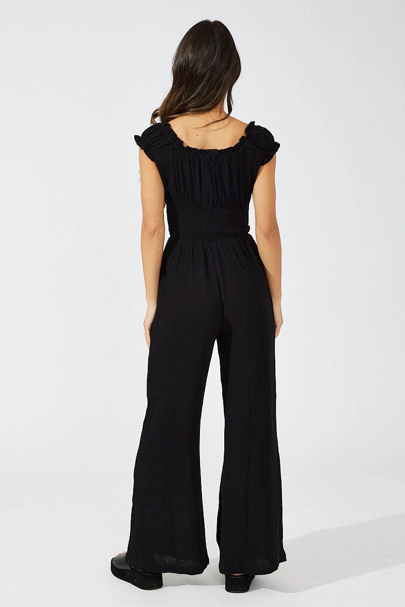 Black Jumpsuit Short Sleeve Off Shoulder Shirred Cotton