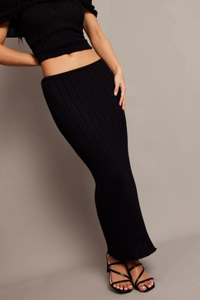 Black Knit Skirt Midi High Rise Relaxed Fit
