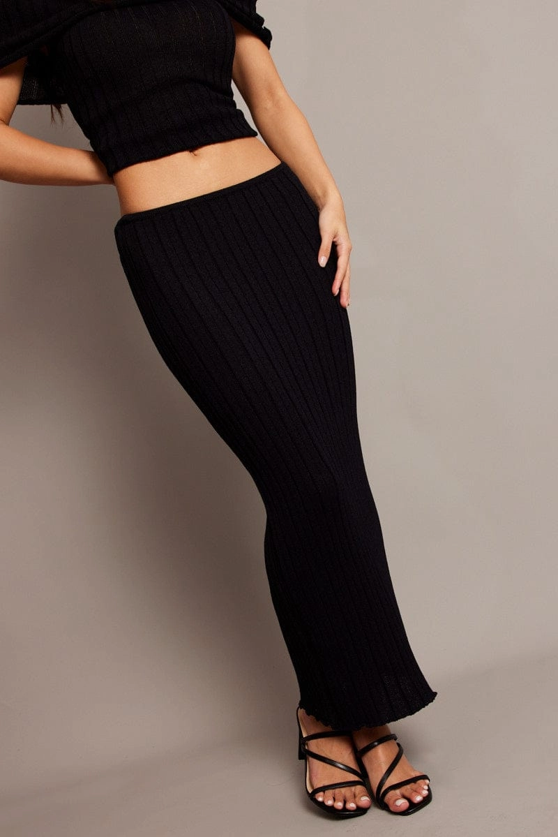 Black Knit Skirt Midi High Rise Relaxed Fit