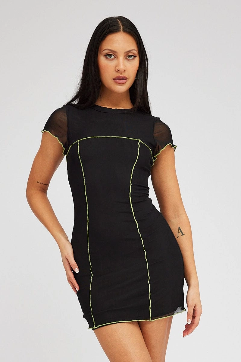 Black Mini Dress Cap Sleeve Crew Neck Bodycon Mesh