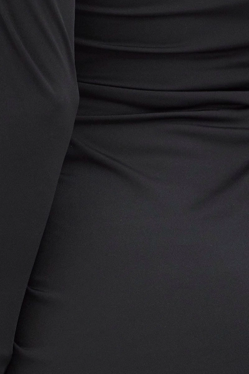 Black Mini Dress Long Sleeve V-Neck Bodycon Ruched Waist