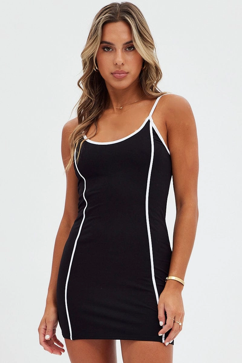 Black Mini Dress Sleeveless Bodycon Binding Detail