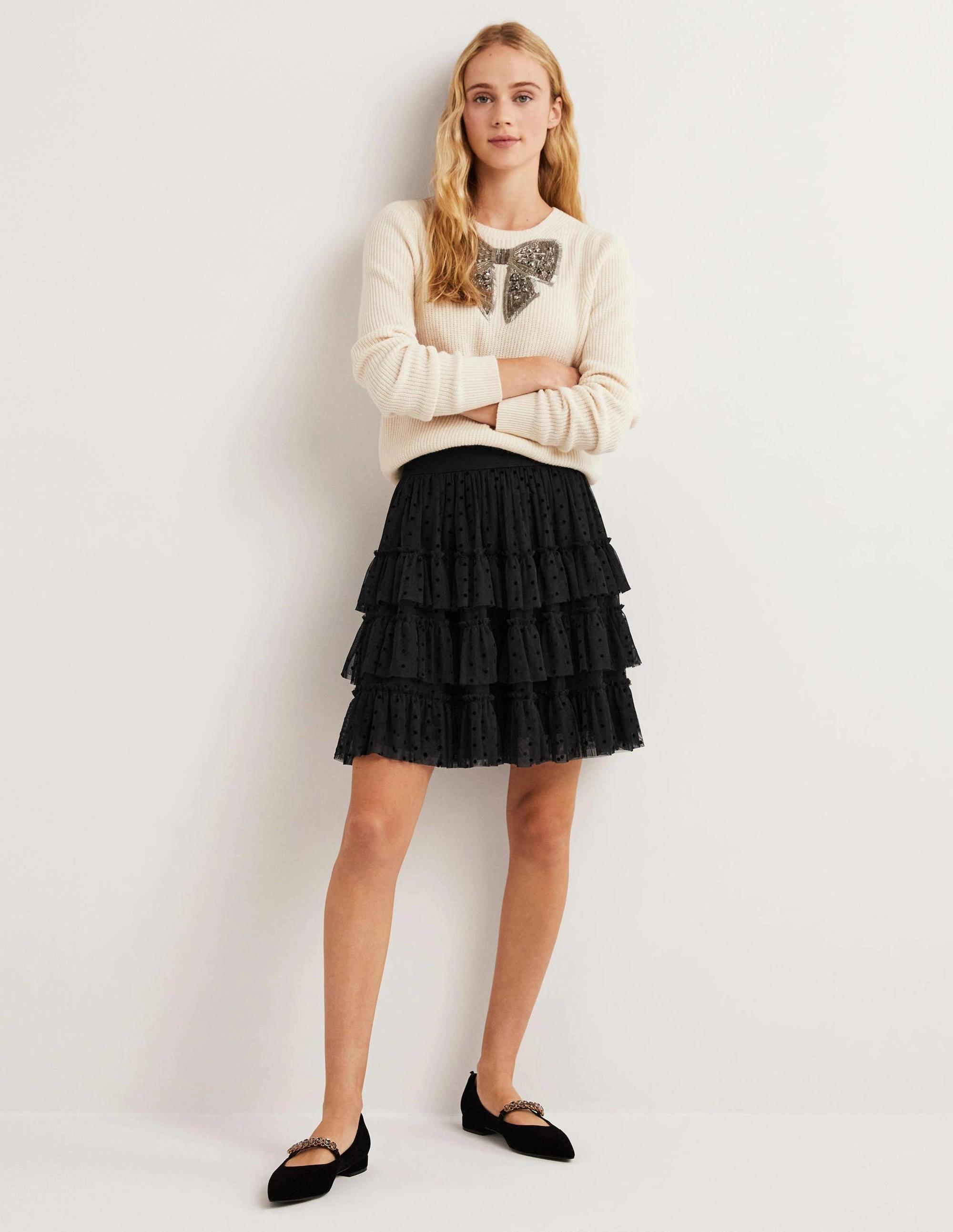 Black Polka Dot Ruffle Tulle Mini Skirt-Black