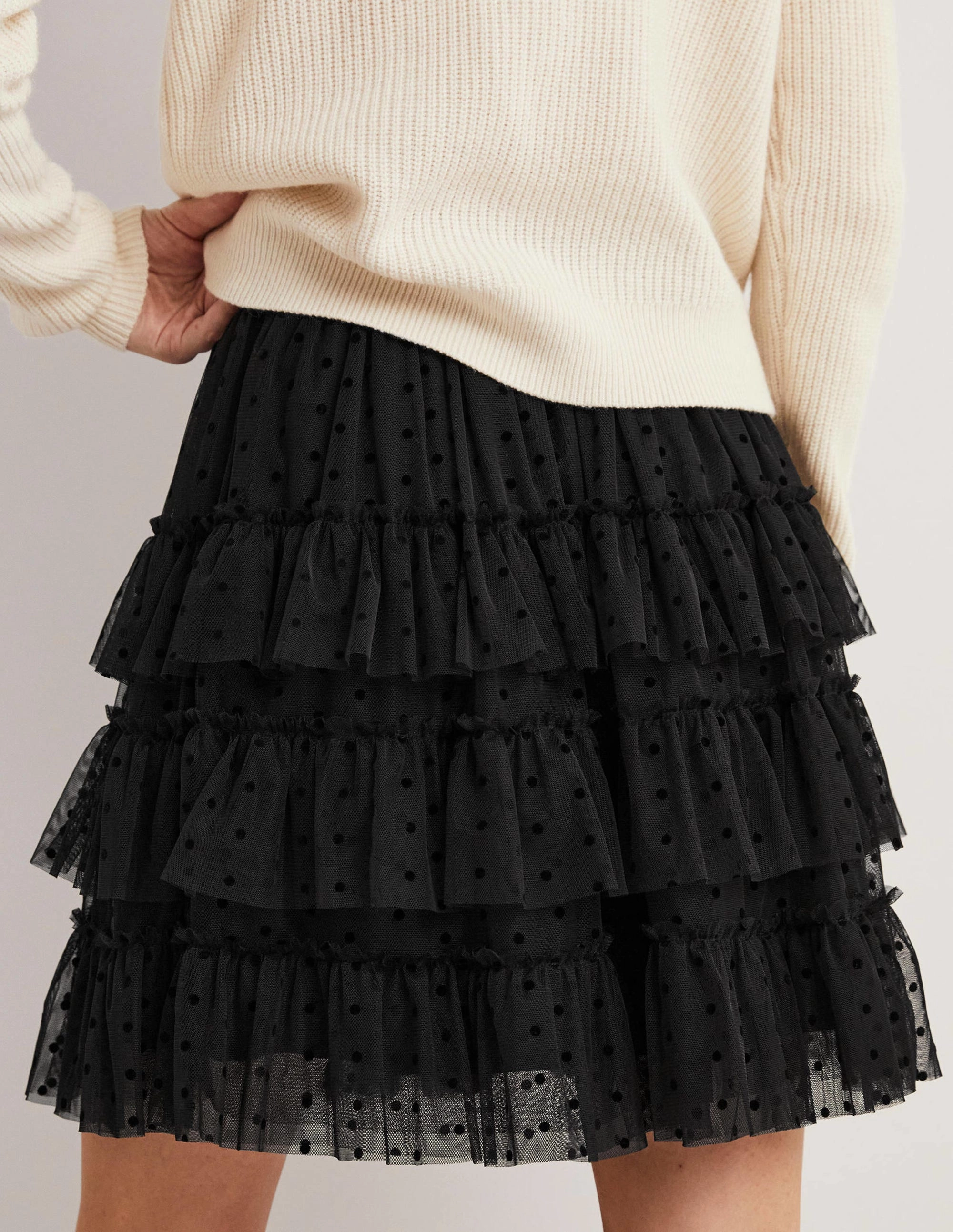 Black Polka Dot Ruffle Tulle Mini Skirt-Black