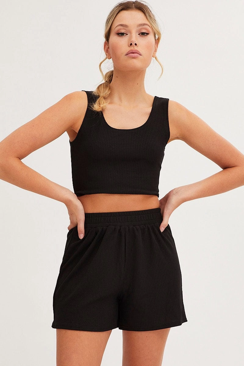 Black Rib Jersey Crop And Shorts Set