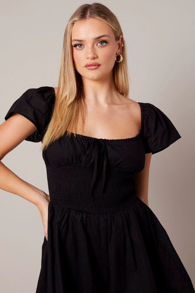 Black Shirred Playsuit Short Sleeve