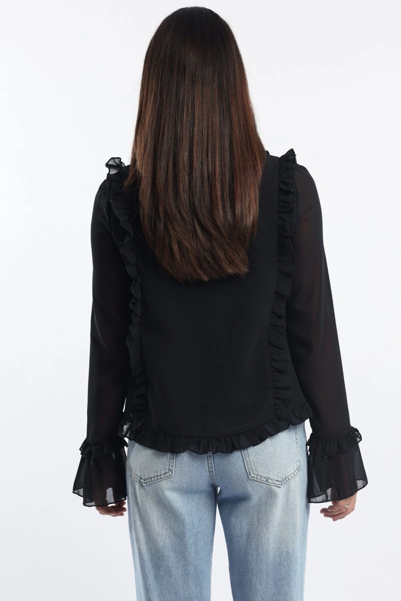 Black Tie Up Top Long Sleeve V Neck Filled