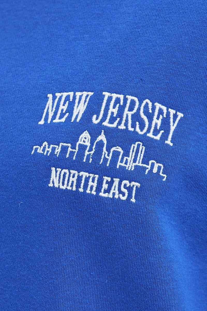 Blue Graphic Sweater Long Sleeve Slightly Stretch
