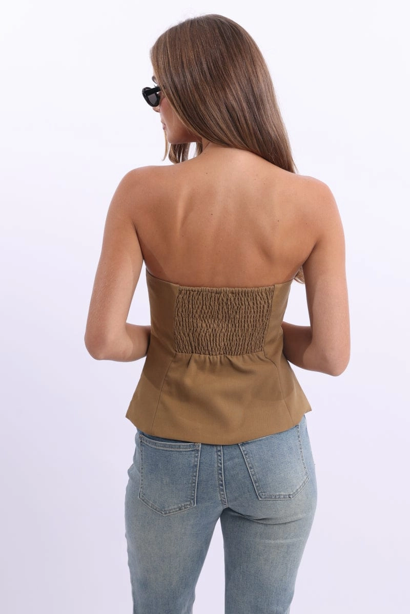 Brown Bandeau Vest Sleeveless Sweetheart Tailored