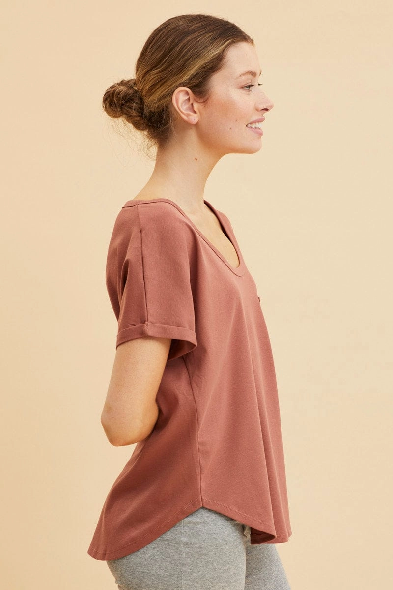 Brown Pocket Tee Scoop Neck Cotton Stretch Short Sleeve