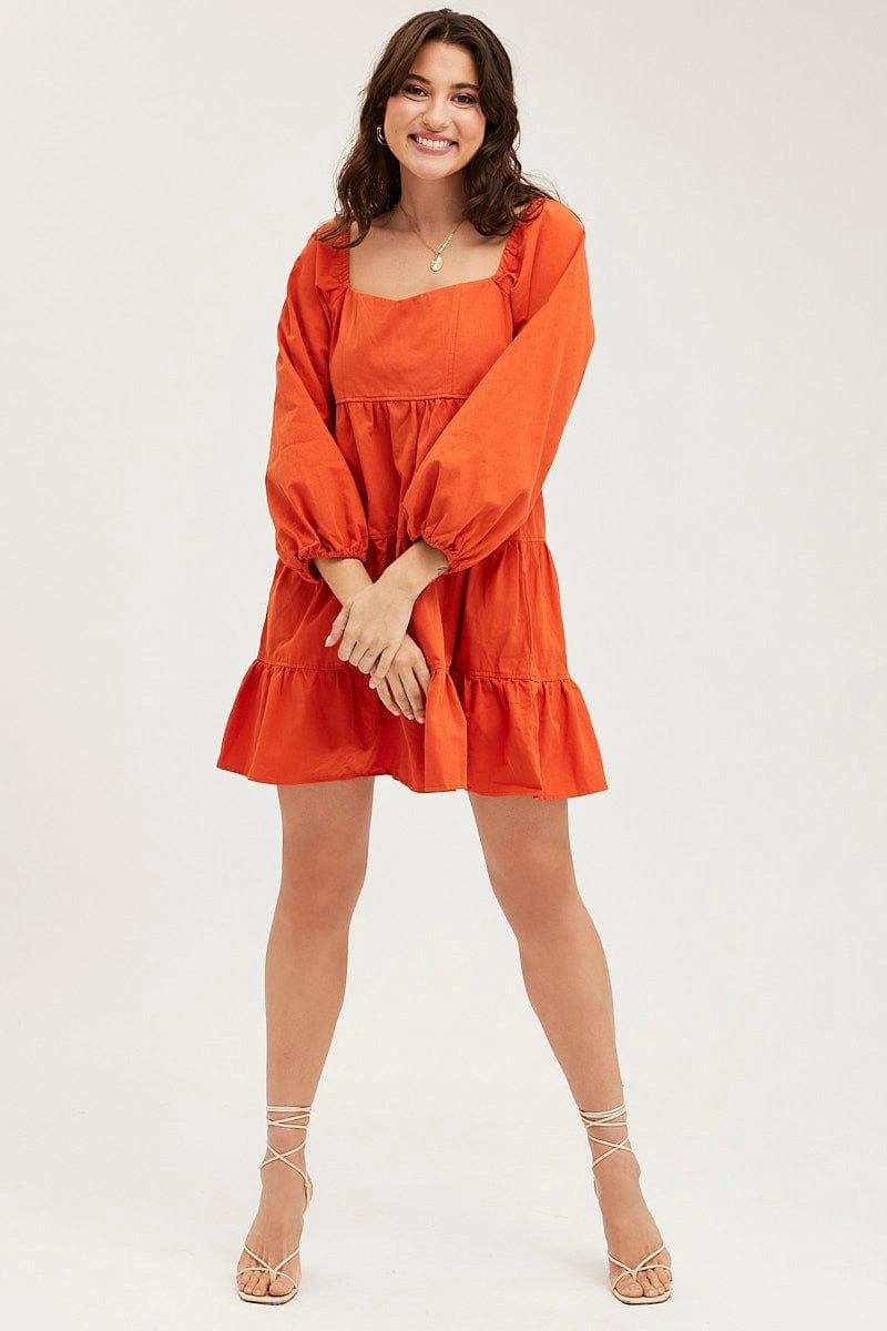Brown Tiered Dress Long Sleeve Mini