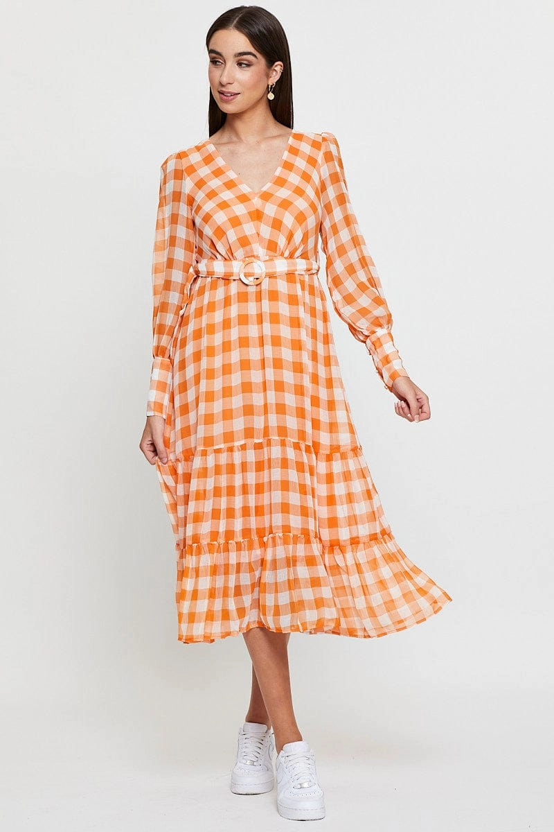 Check Dress Long Sleeve Maxi