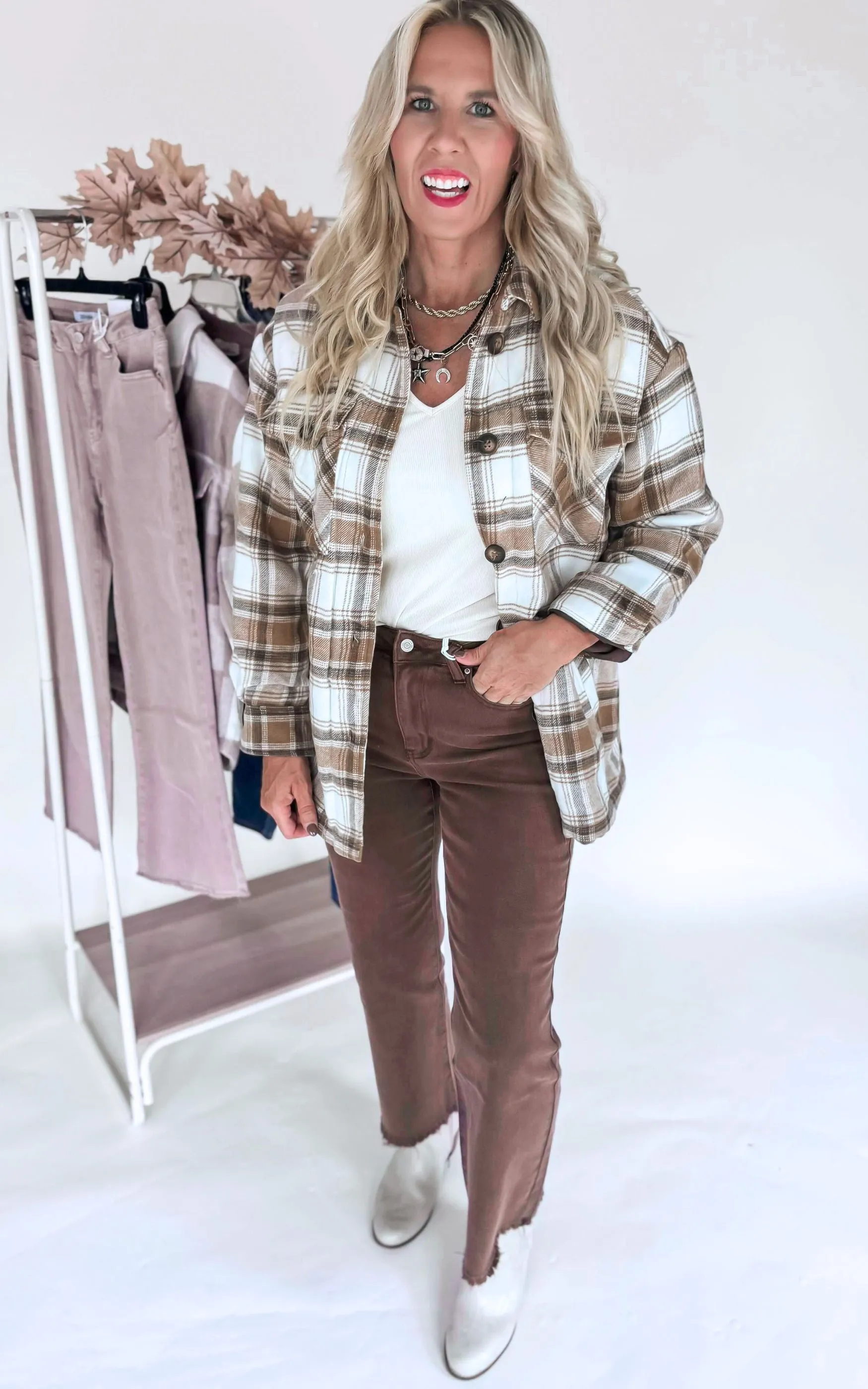 Crisp Morning Plaid Shacket with Sherpa Lining - Camel**