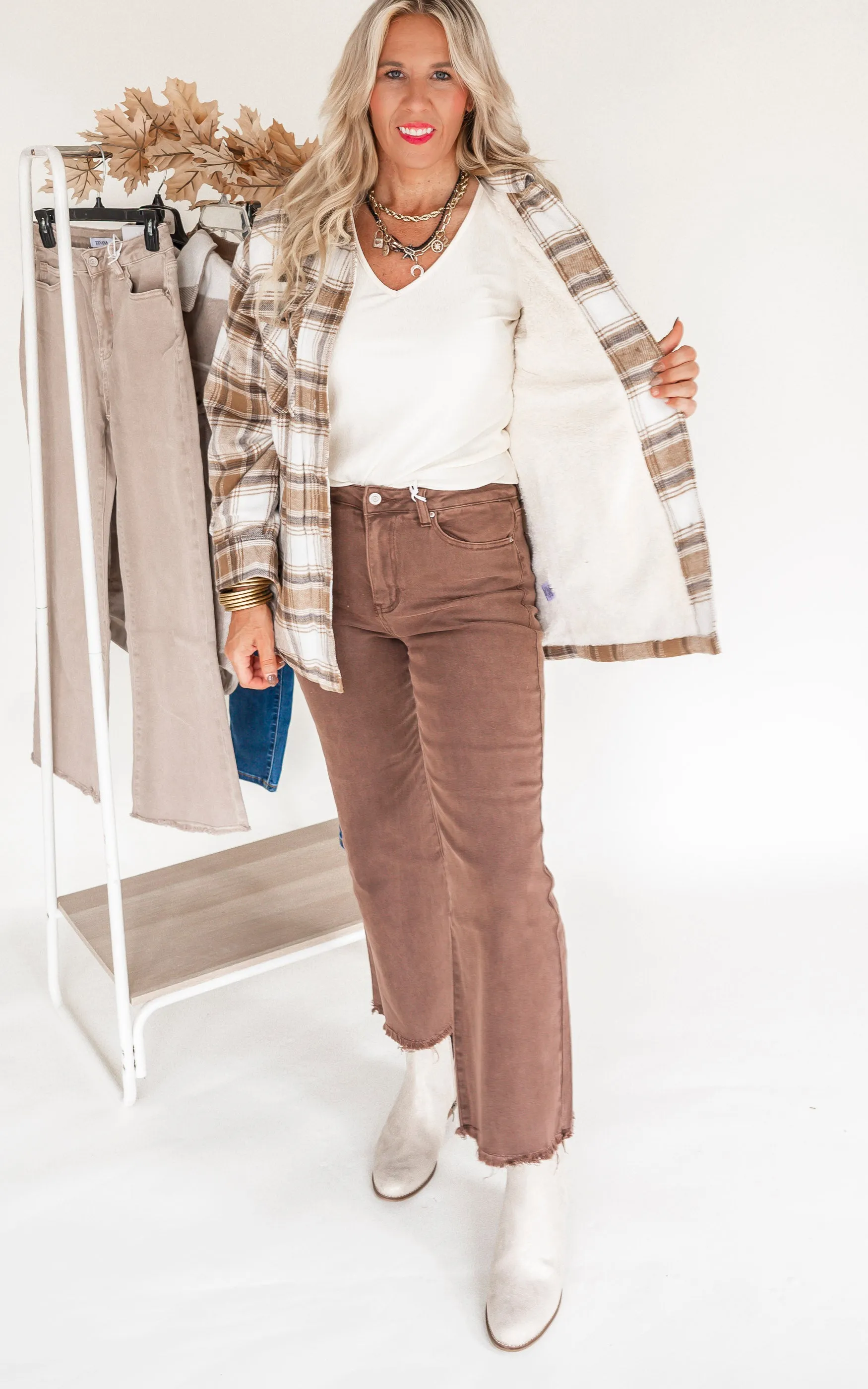 Crisp Morning Plaid Shacket with Sherpa Lining - Camel**