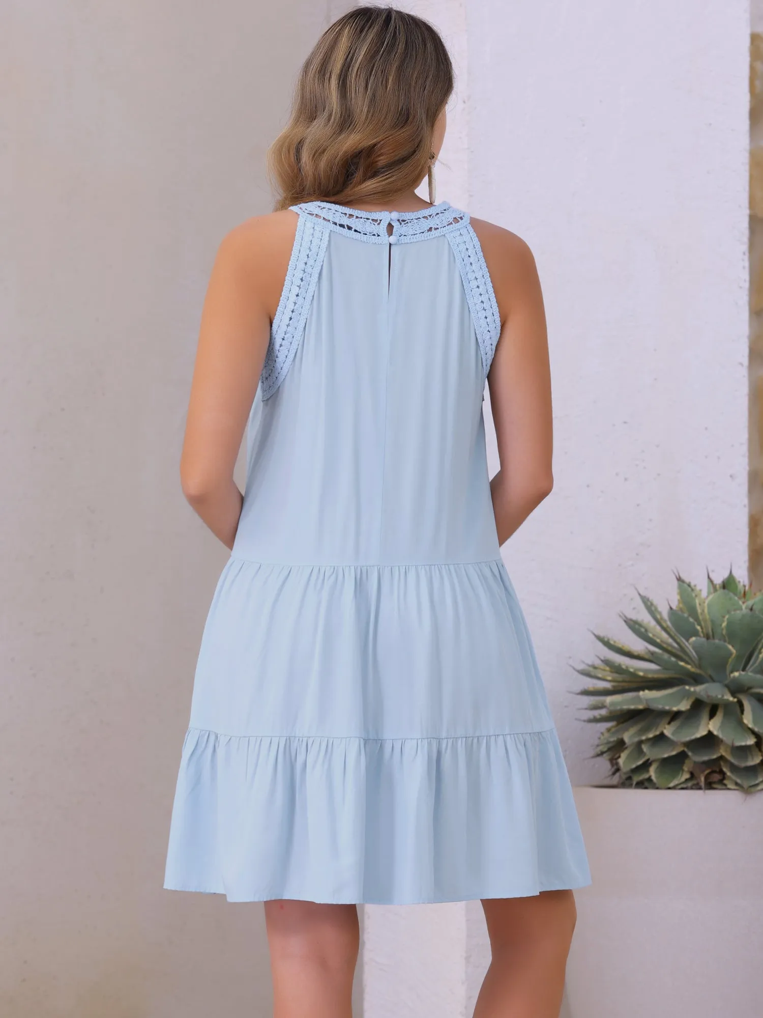 Crochet Patchwork Sleeveless Tiered A-Line Dress