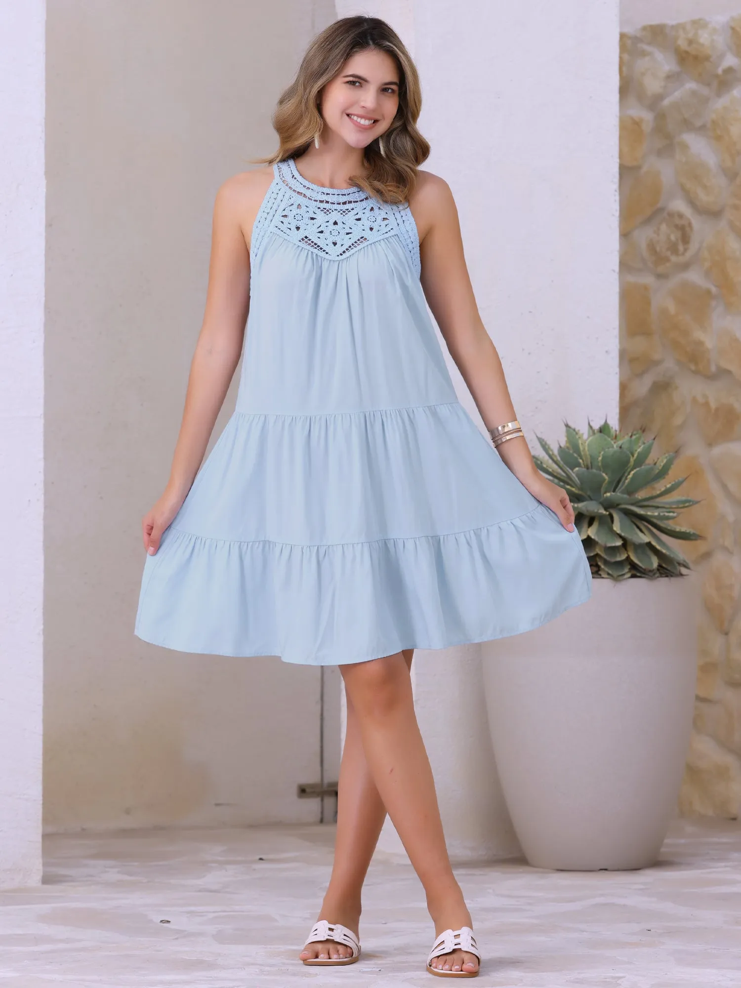 Crochet Patchwork Sleeveless Tiered A-Line Dress