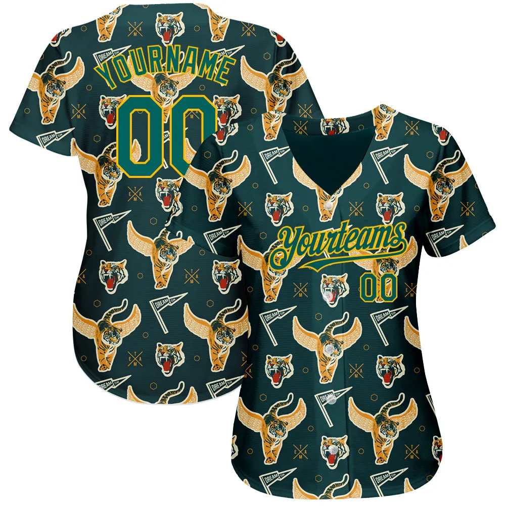 Custom Black Midnight Green-Gold 3D Pattern Design Tiger Authentic Baseball Jersey
