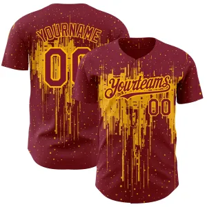 Custom Crimson Gold 3D Pattern Design Dripping Splatter Art Authentic Baseball Jersey