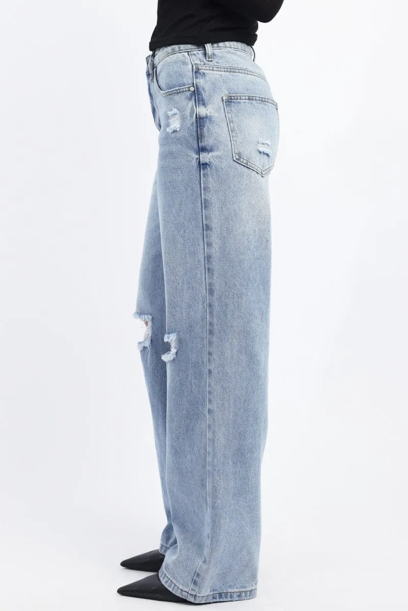 Denim Wide Leg Jeans Mid Rise
