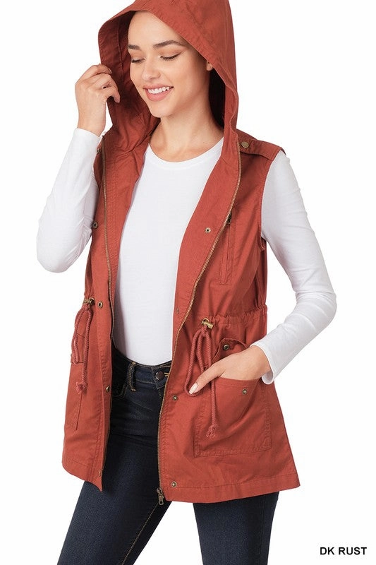 DRAWSTRING WAIST MILITARY HOODIE VEST | ZENANA - Final Sale