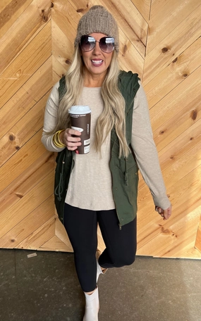 DRAWSTRING WAIST MILITARY HOODIE VEST | ZENANA - Final Sale