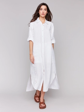 Eyelet Embroidery Cotton-Linen Tunic Dress - White