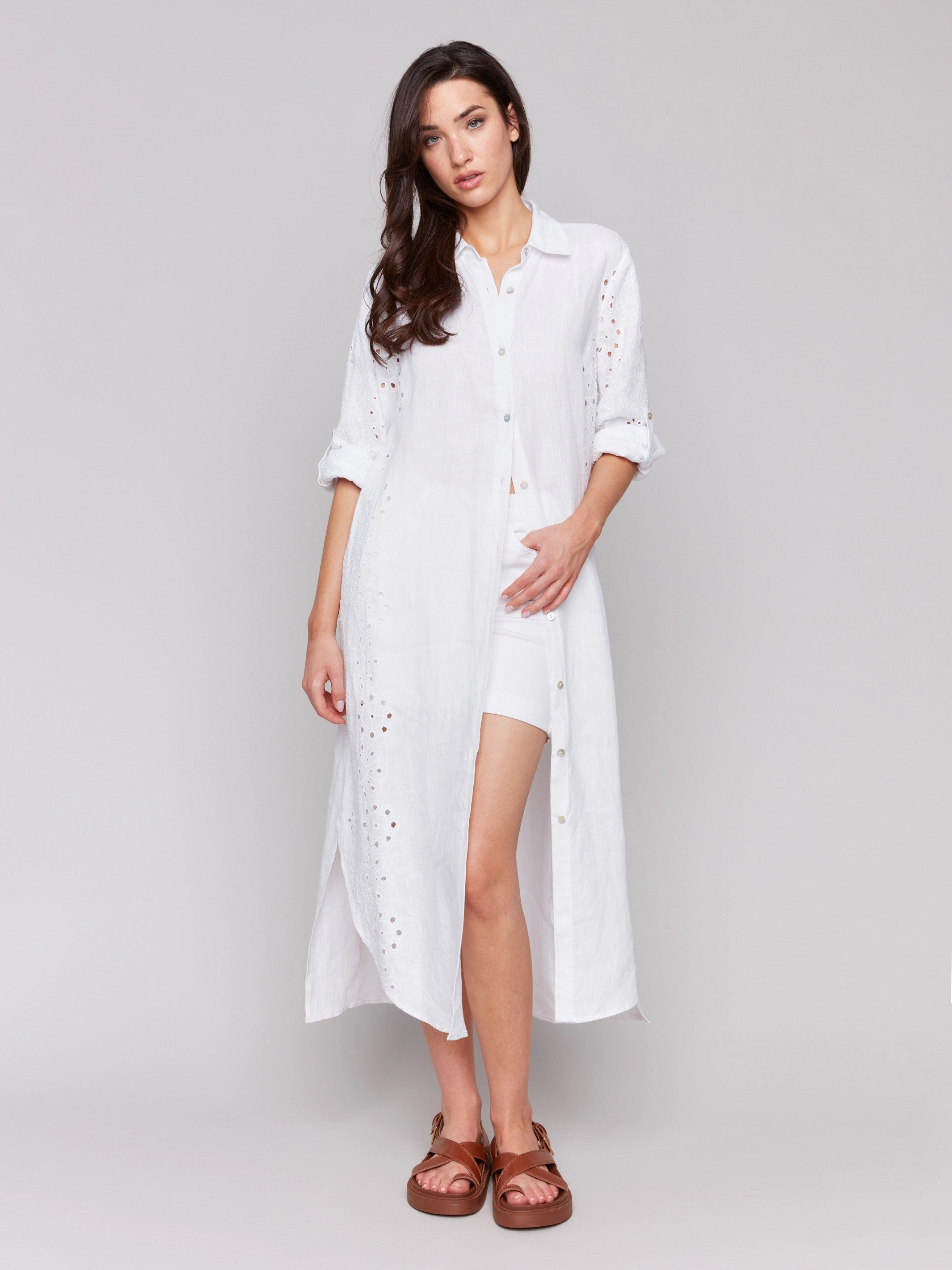 Eyelet Embroidery Cotton-Linen Tunic Dress - White