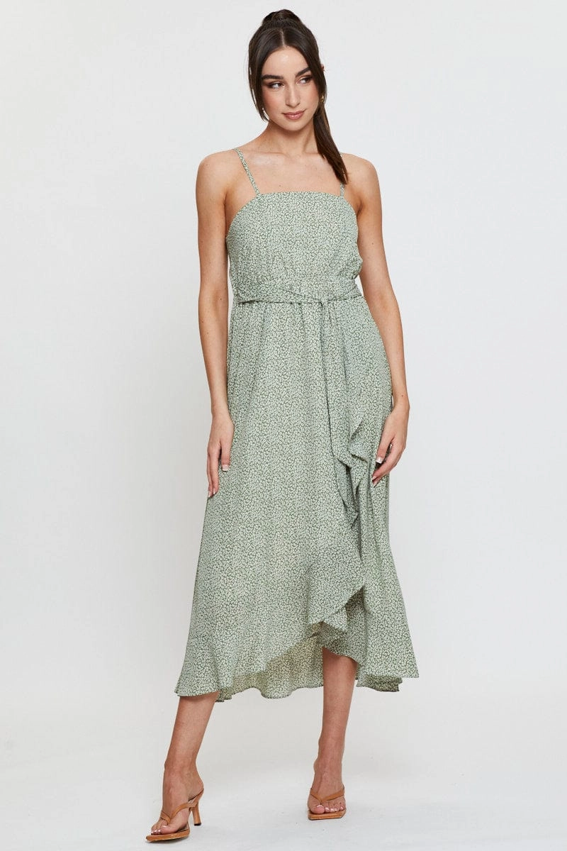 Geo Print Midi Dress Sleeveless Ruffle Hem
