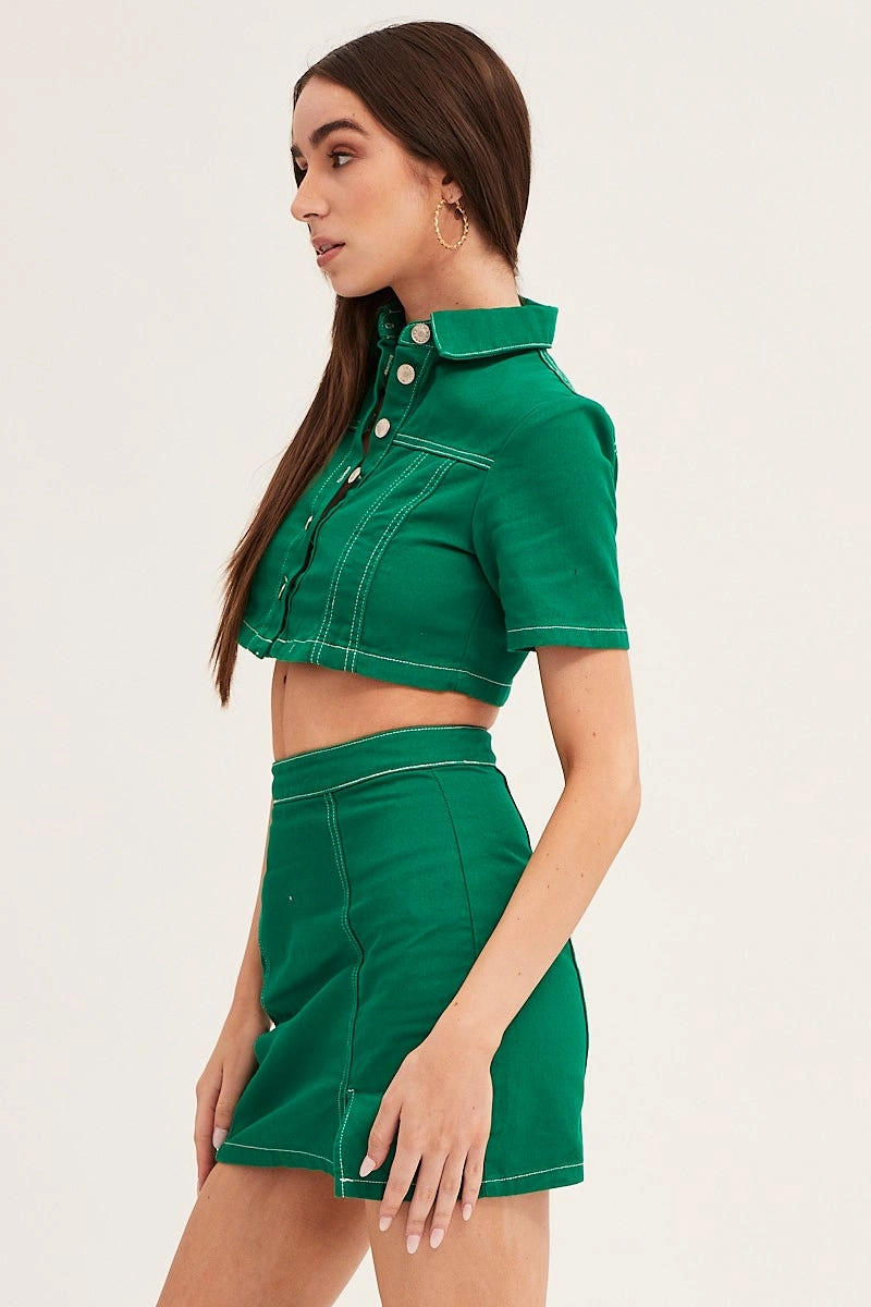Green Contrast Stitch Mini Skirt