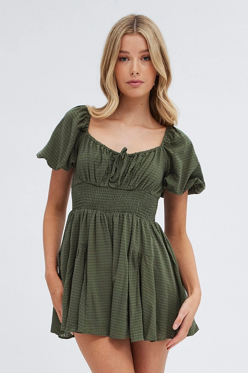 Green Ruched Playsuit Short Sleeve