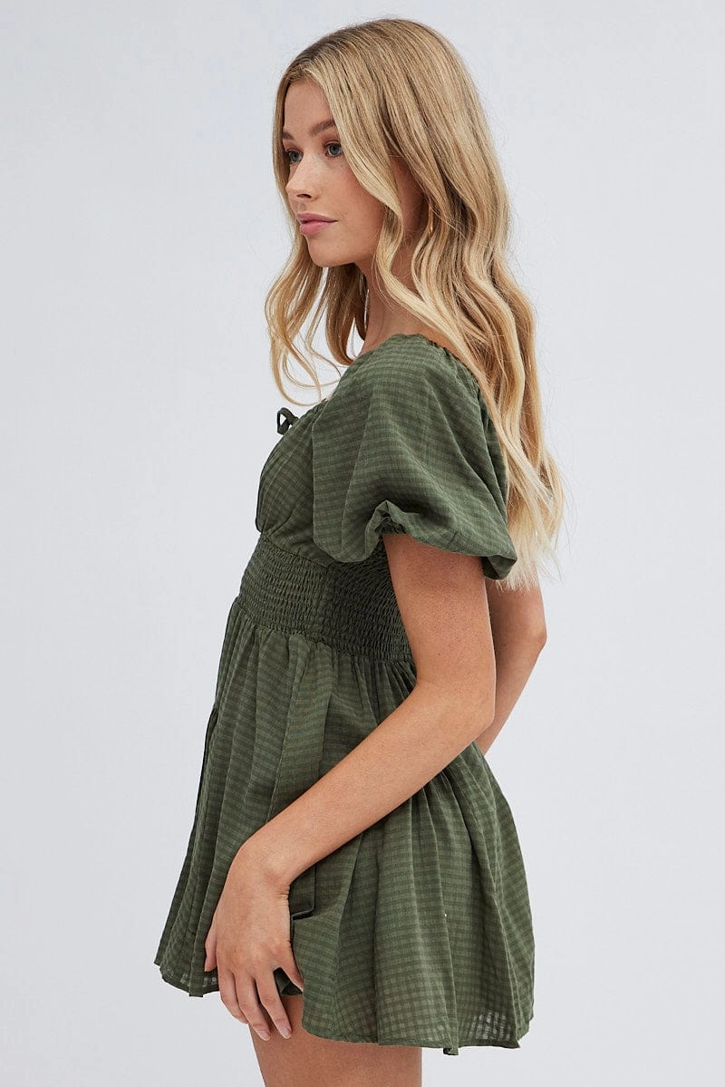 Green Ruched Playsuit Short Sleeve