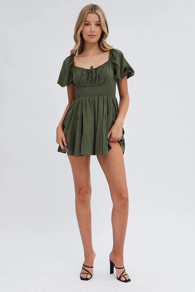 Green Ruched Playsuit Short Sleeve