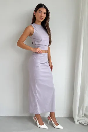 Grey Gathered Midi Skirt High Rise Bengaline Split